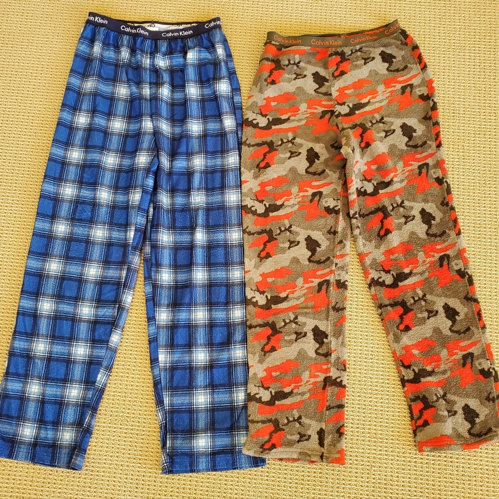 Calvin Klein Camo Boys Fleece Pajama Pants & Blue Plaid Bottoms PJs CK Large L